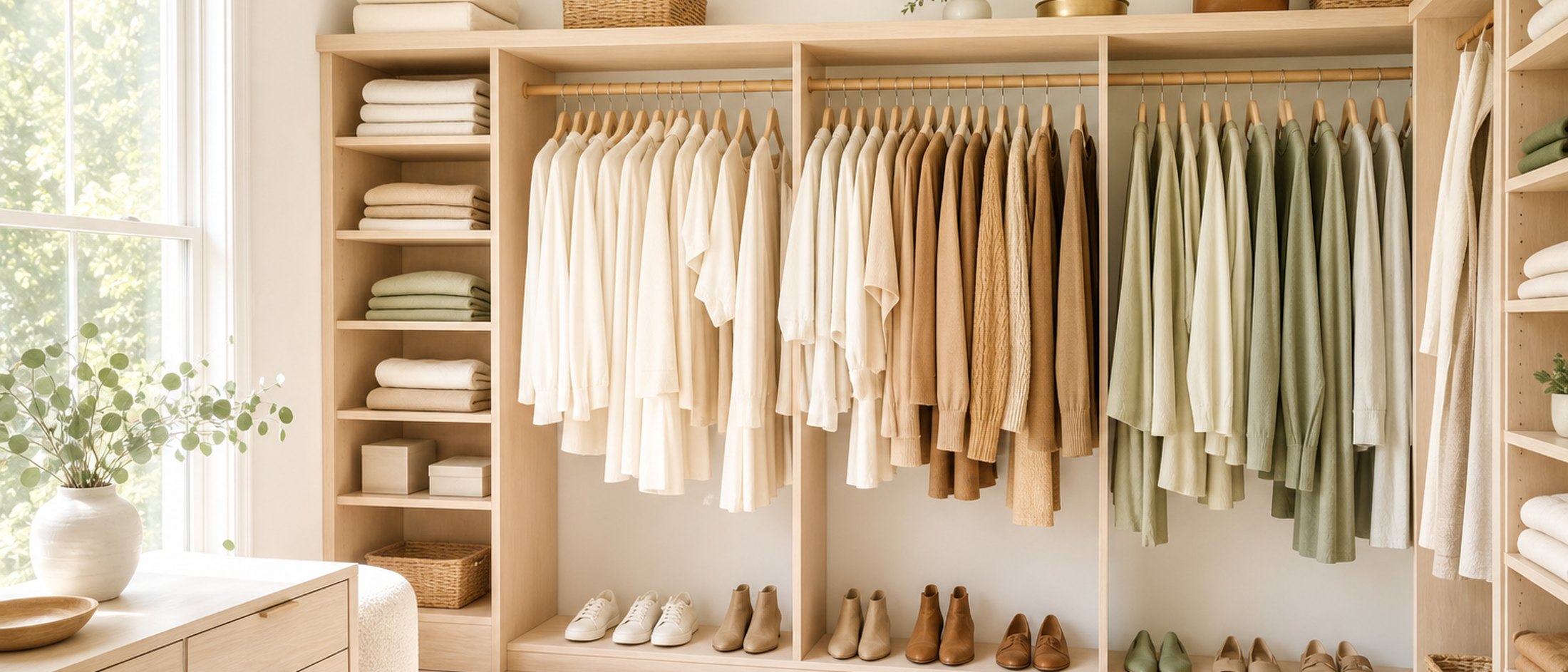 A bright, organized walk-in closet with garments arranged by color