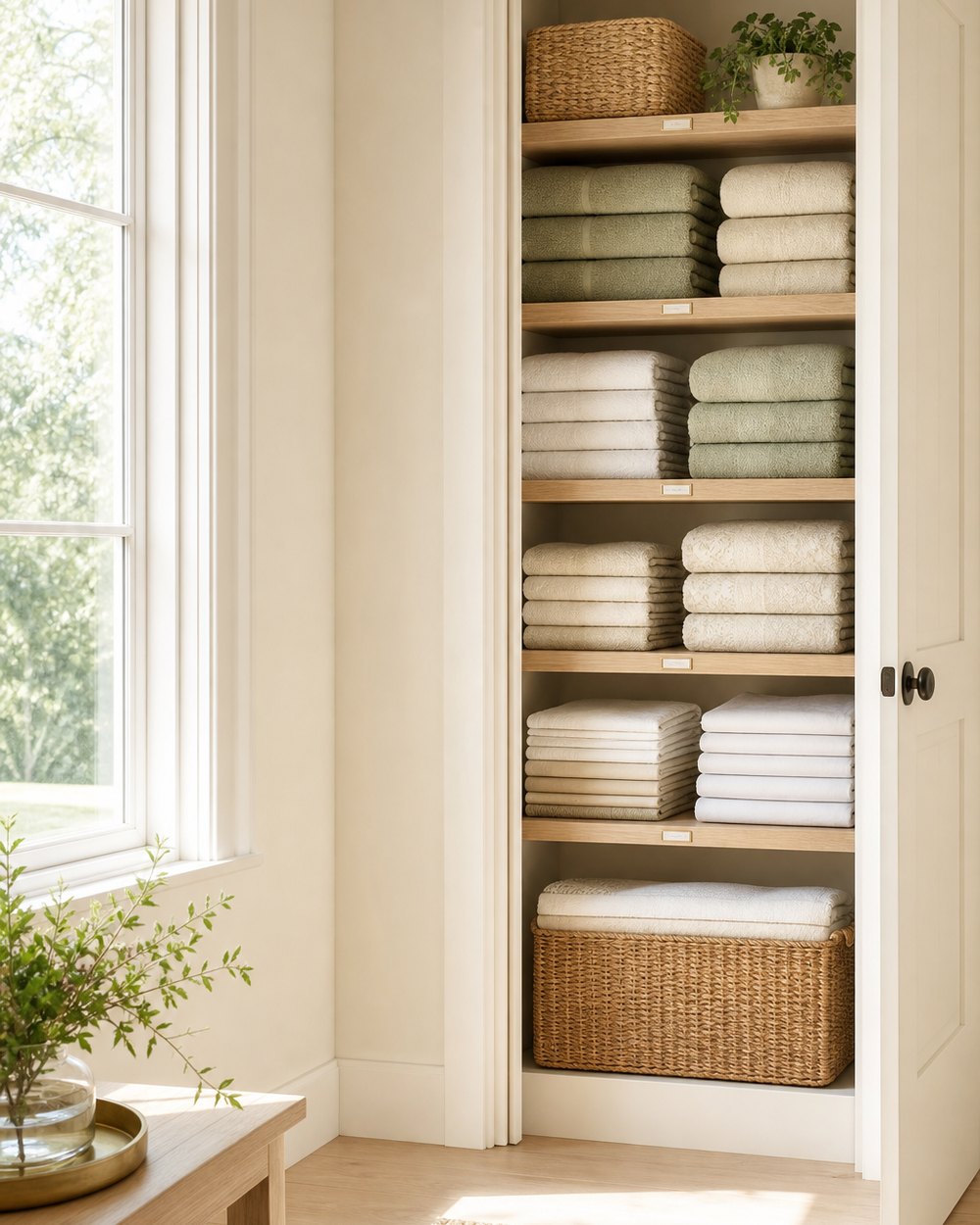 Linen closet, Belle Meade organized by Clara Luz Organizing in Nashville, TN